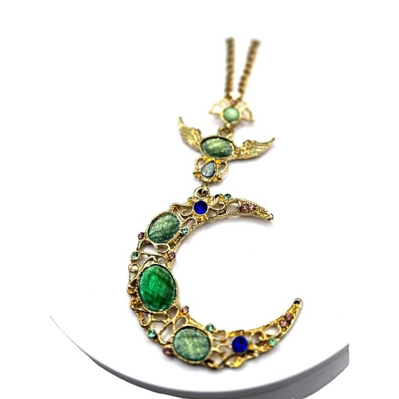 Pendant Necklace Golden Filigree Big Crescent Moon Green Blue  Rhinestones - Picture 1 of 5
